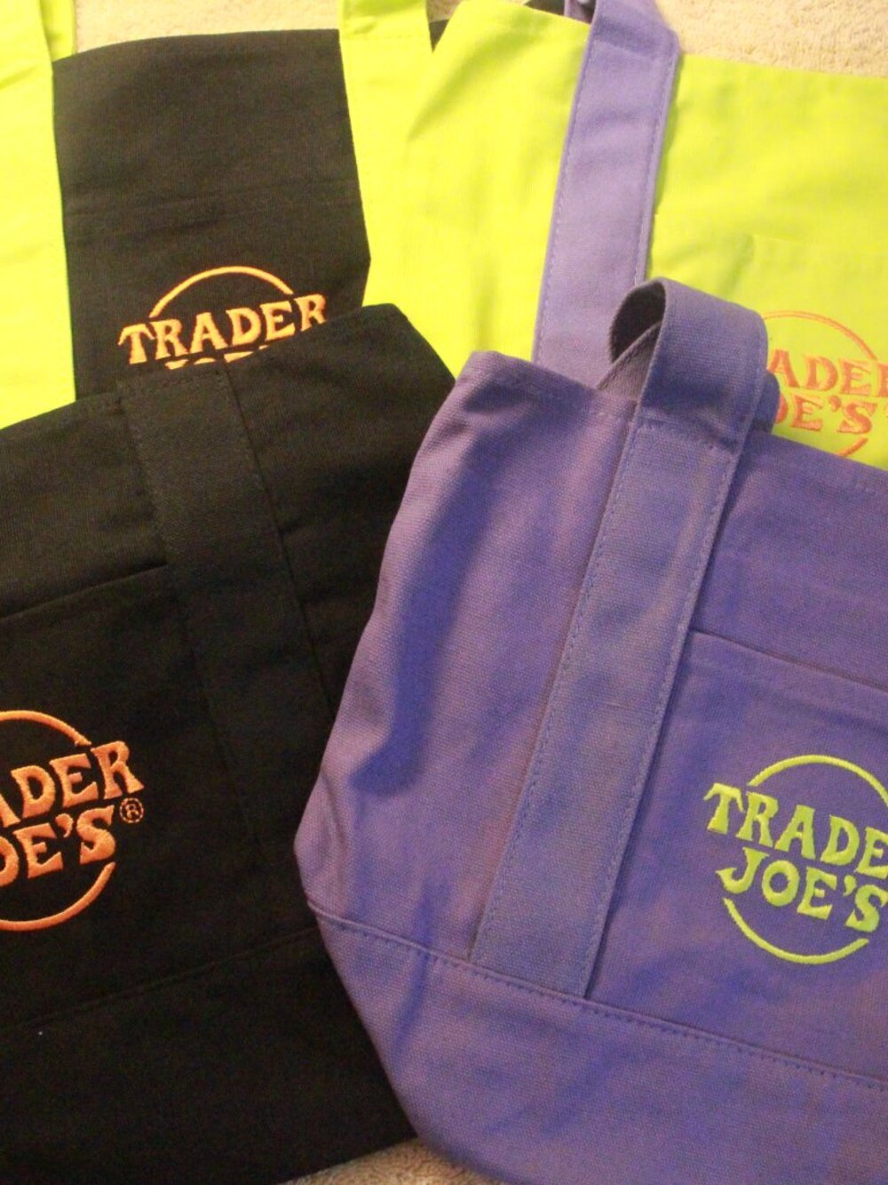 Title: Trader Joe’s Black Mini Tote with Lime Handles & Purple Base
